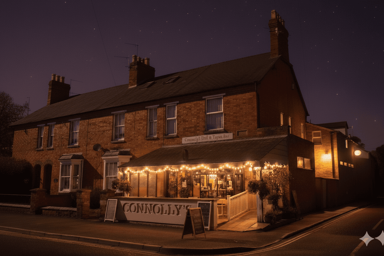 Connolly's Tapas Bar glowing at night