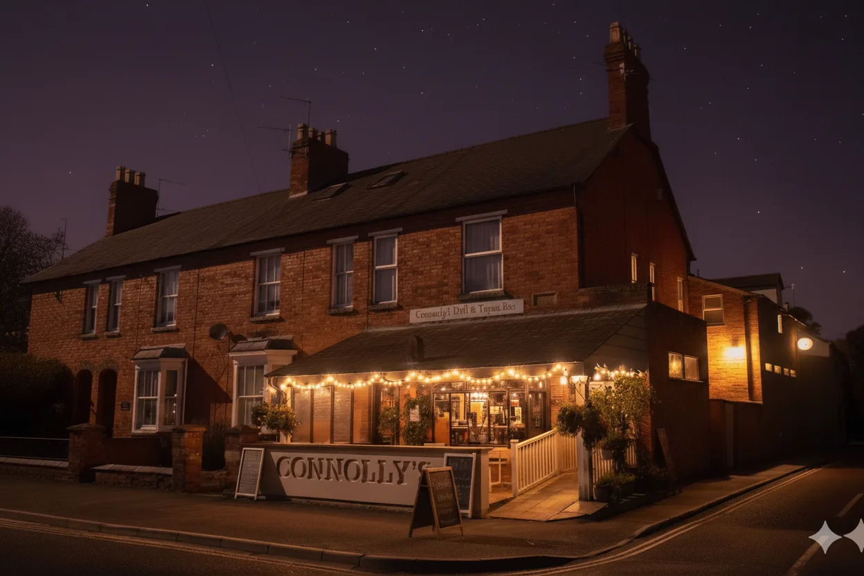 Connolly's Tapas Bar glowing at night